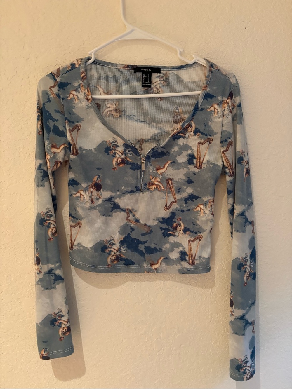 Forever 21 Light Blue Angel-Print Ribbed Long Sleeve Crop Top
